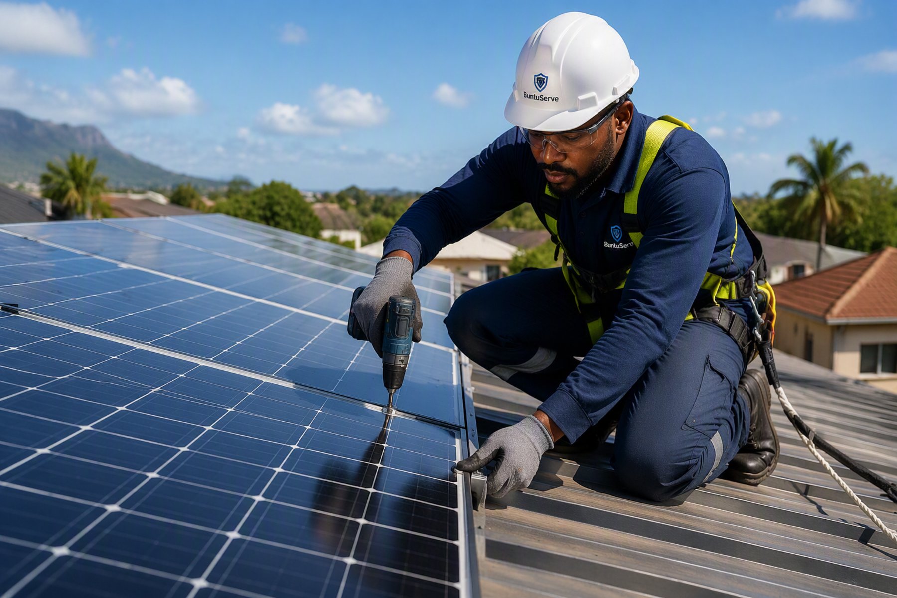 A BuntuServe technician in branded PPE installing solar panels on a rooftop in Cape Town.