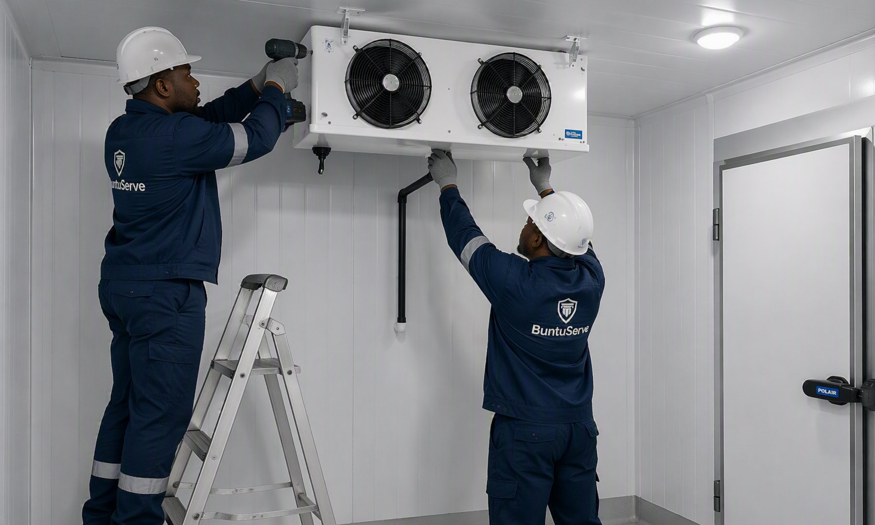 BuntuServe technicians installing a cold-room refrigeration evaporator unit.