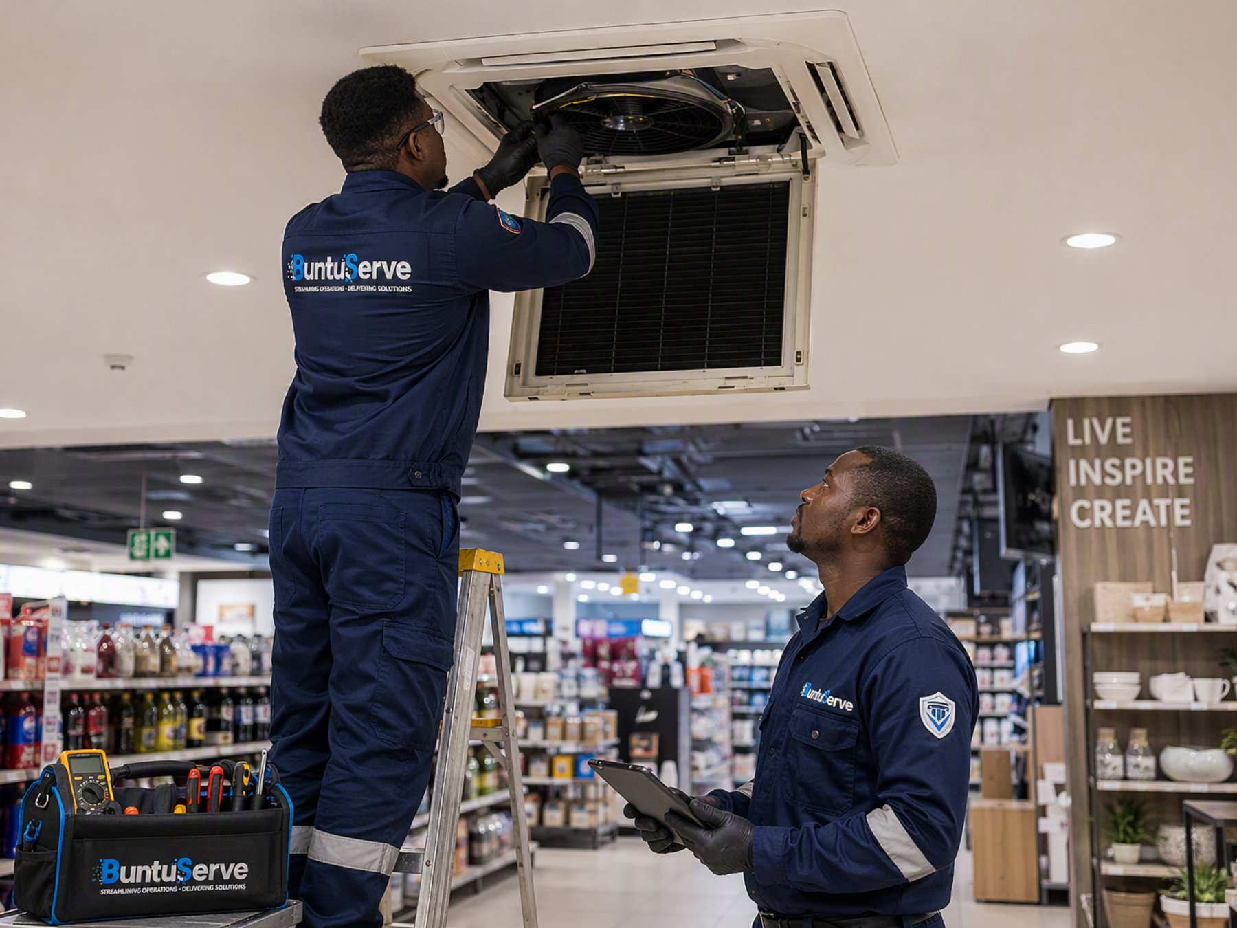 BuntuServe technicians servicing an air-conditioning unit inside a retail store.