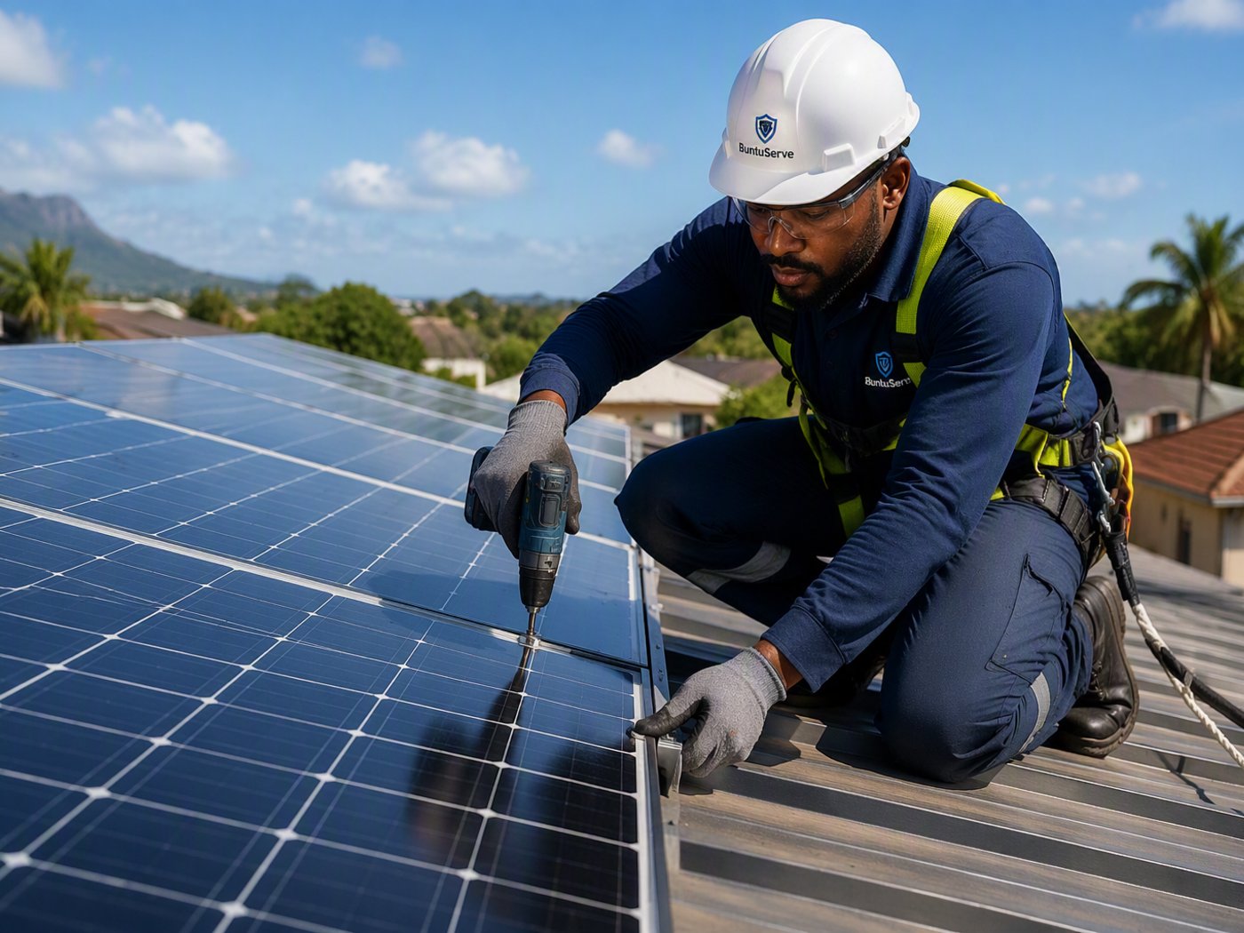 A BuntuServe technician installing solar panels at a commercial property.