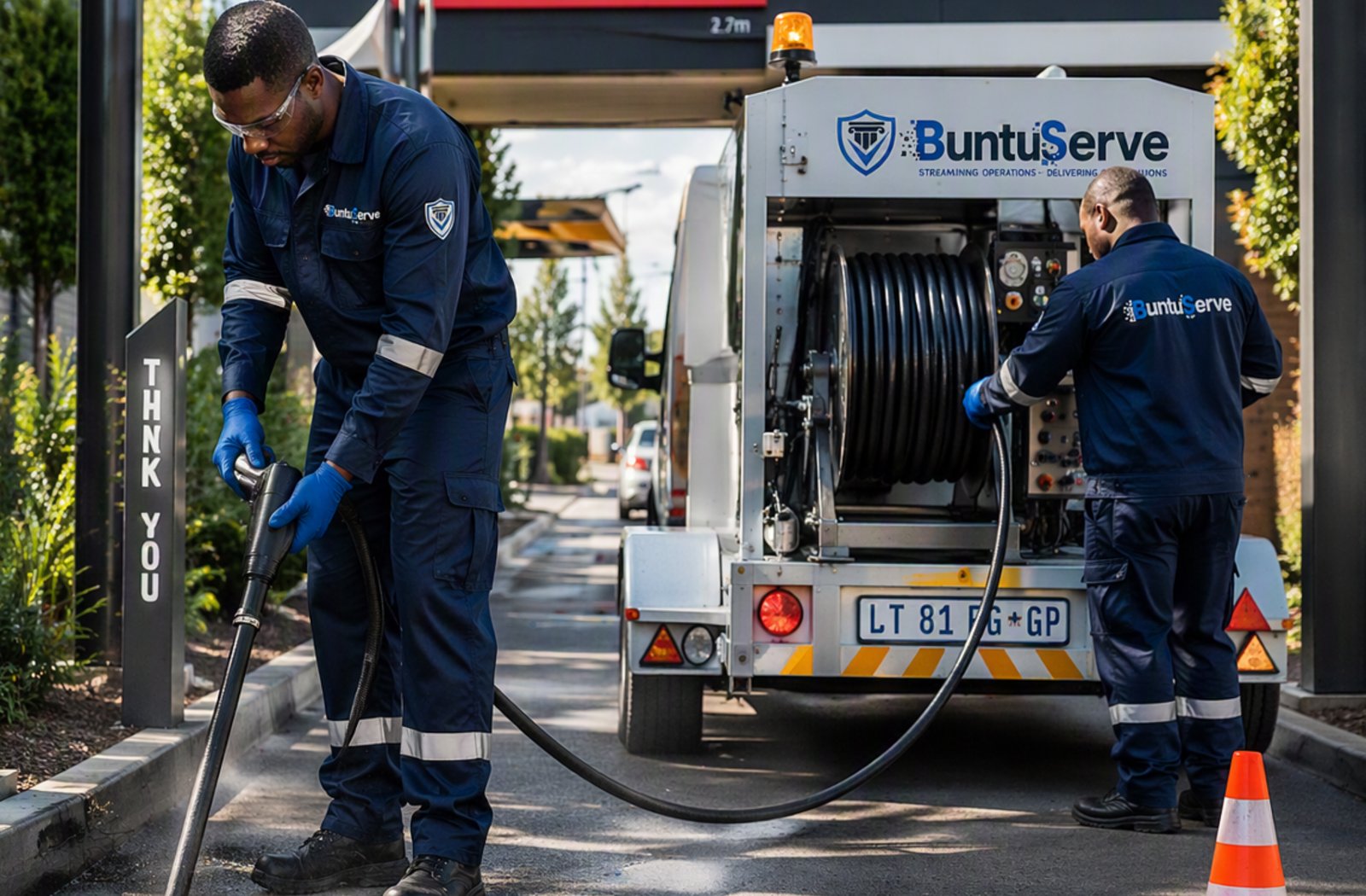 BuntuServe technicians clearing a drain with their branded high-pressure jetting rig.