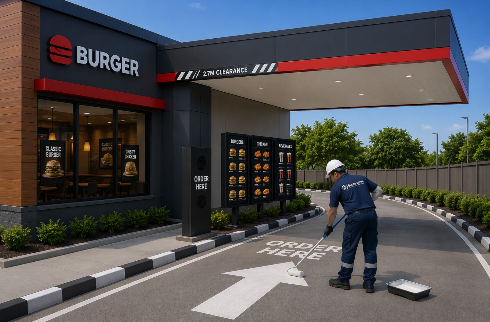 A BuntuServe technician repainting line markings at a drive-through forecourt.