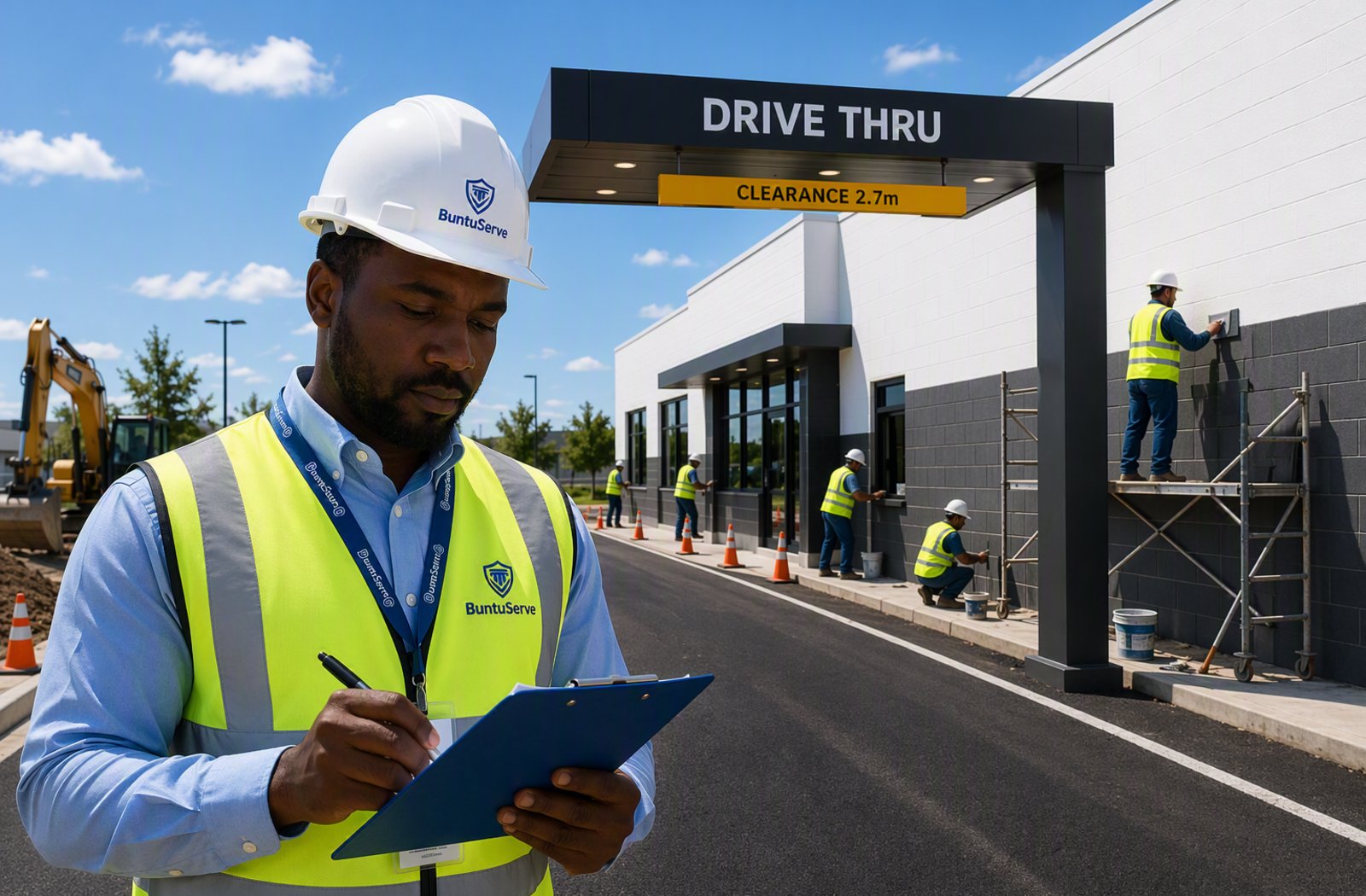 A BuntuServe supervisor with a clipboard planning work at a site.